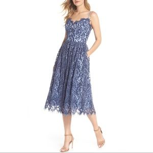 Navy & Gray Blue Gathered Lace Midi Dress